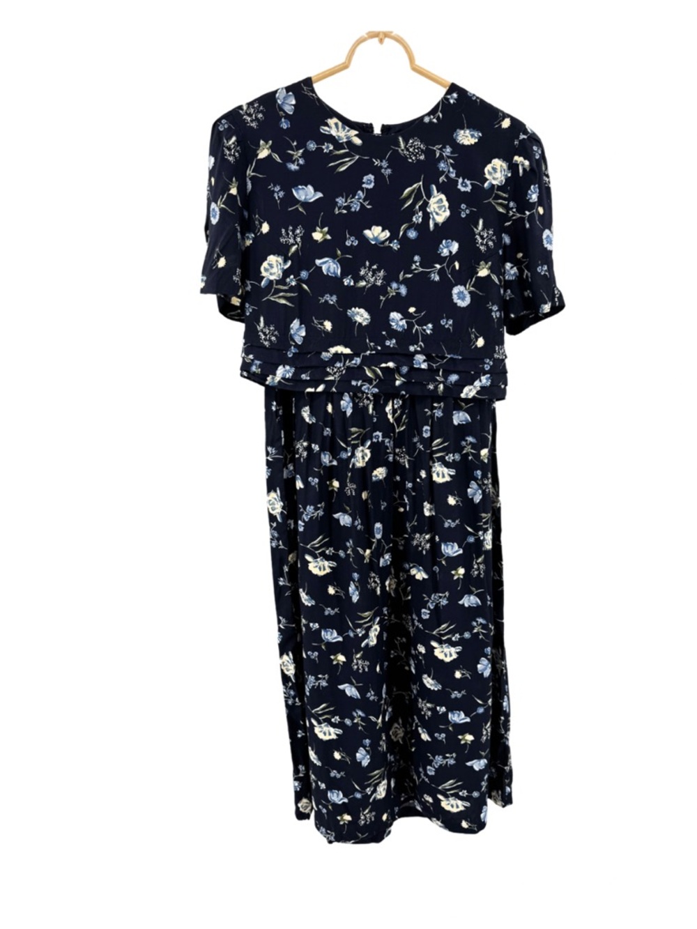 Worthington Navy Blue Floral Midi Dress 90s Y2K split top ankle length 8 cottage